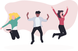 illustration, tre figurer som hoppar